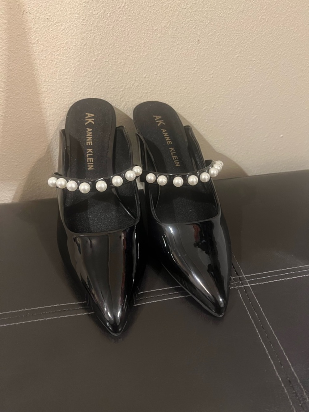 Anne Klein Black Patent Pointed Toe Mules with Pearl Strap